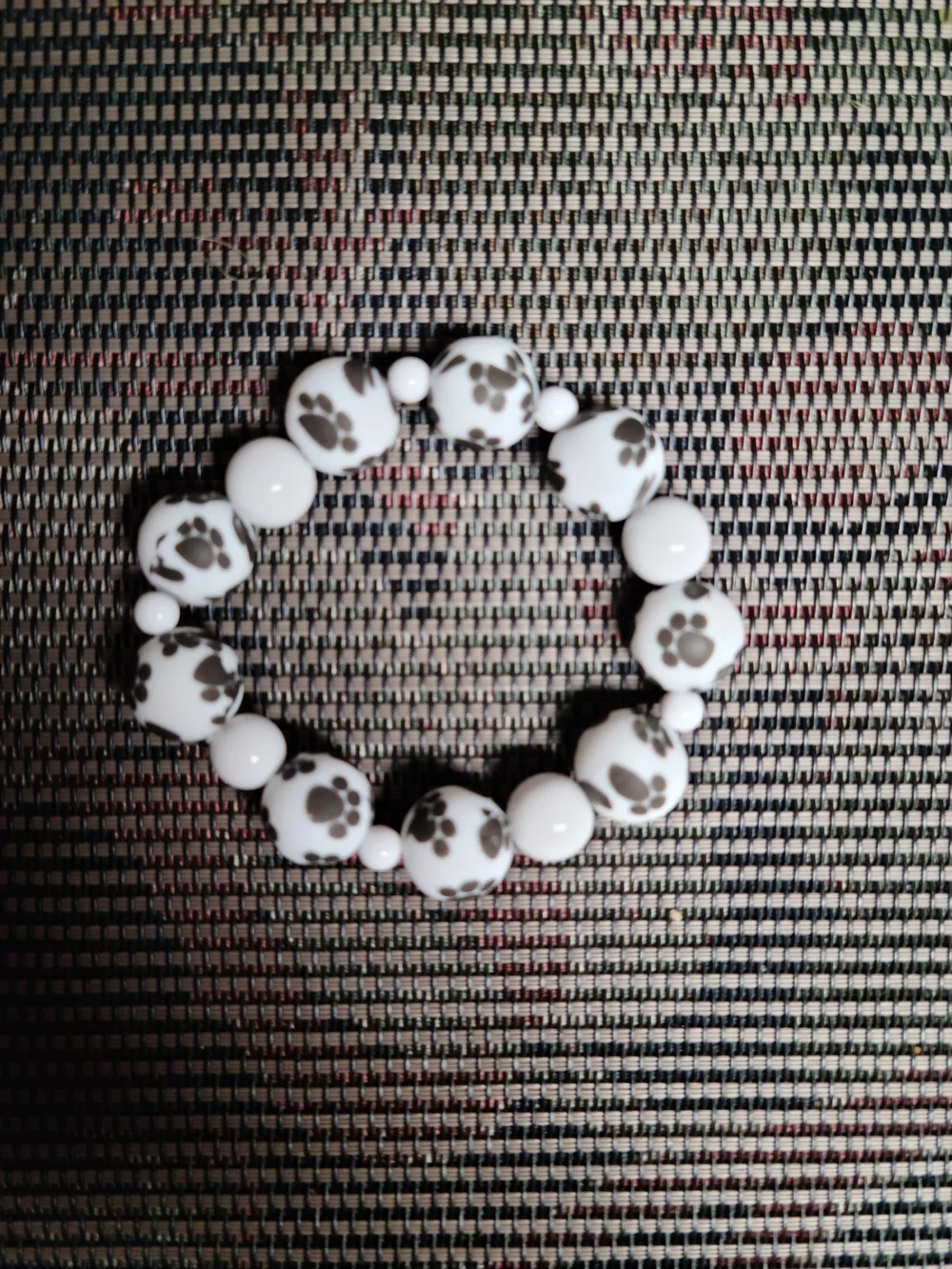 Paw-Print Stretch Bead Dog Collar Charm - White with Gray Paw Accents